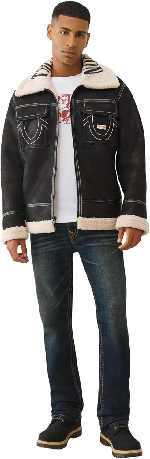 imageTrue Religion Sherpa PU Jacket for Men Faux Leather Winter Jacket with Logo Warm Streetwear OuterwearJet Black