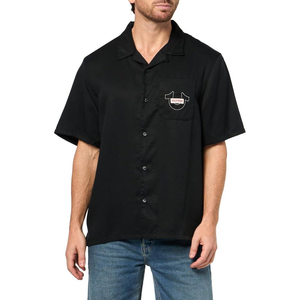 imageTrue Religion Mens Graphic Short Sleeve Camp Shirt  ButtonUp Relaxed Fit Casual ShirtJet Black