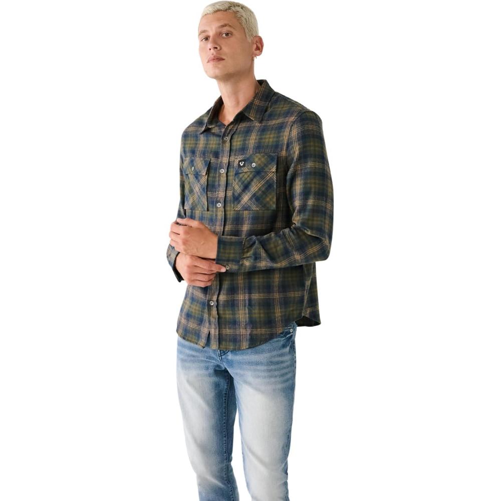 imageTrue Religion Mens Triple Needle Plaid Long Sleeve ShirtBronze Green