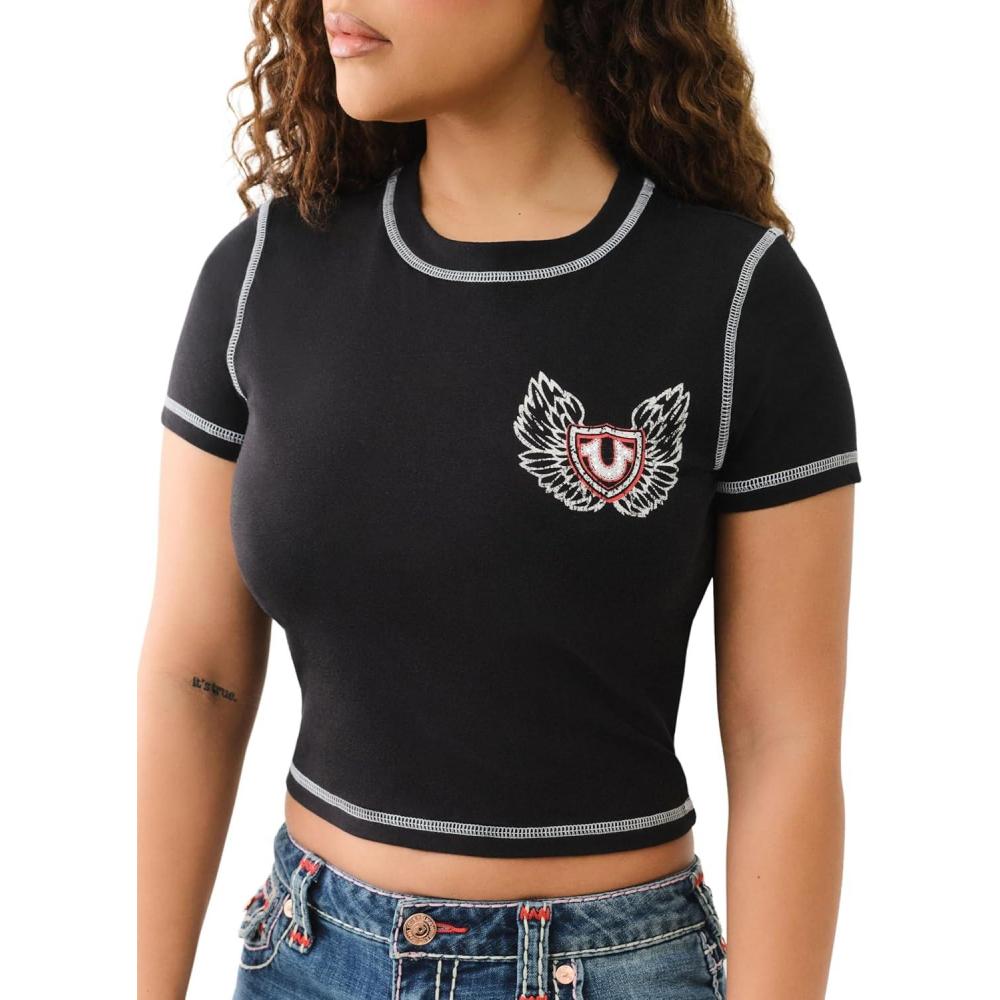 imageTrue Religion Womens Contrast Stitch Wing Baby Tee  Casual Crew Neck TShirtJet Black