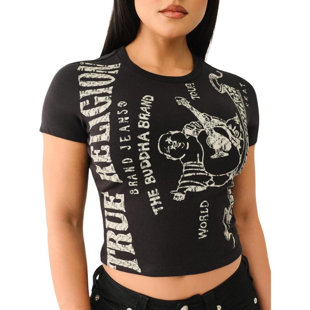 imageTrue Religion Womens Heritage Logo Short Sleeve Baby Tee  Casual Crew Neck TShirtJet Black