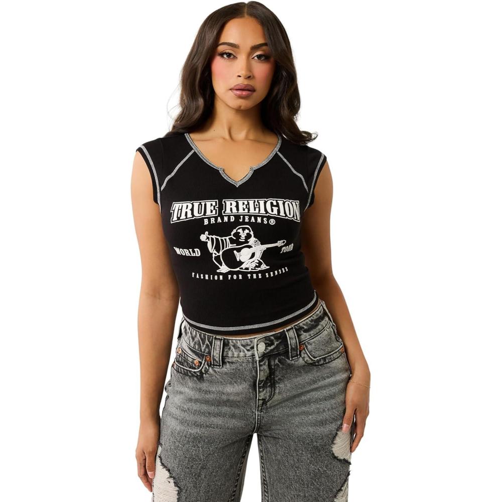 imageTrue Religion Womens SRS Contrast Stitch Rib Notched Tee  Casual Crew Neck TShirtJet Black