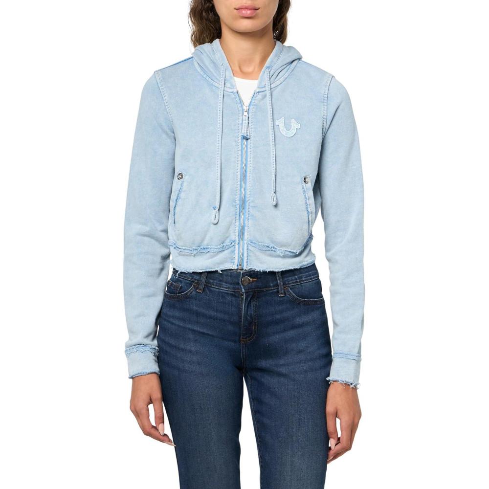 imageTrue Religion Womens Washed Raw Edge Big T Shrunken Zip Hoodie  ZipUp Sweatshirt with Big T LogoPacific Coast