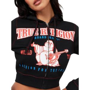 True Religion Anniversary Big T Shrunken Zip Hoodie for Women(Jet Black)