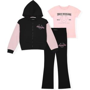 True Religion Girls 3 Piece Fleece Set – Hoodie, Tee Shirt & Jogger/Legging Outfit, Rhinestud & Foil Details (Sizes 4-14)(Black Legging)