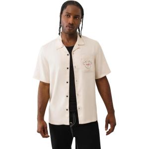 True Religion Men’s Graphic Short Sleeve Camp Shirt – Button-Up Relaxed Fit Casual Shirt(Winter White)