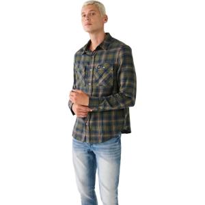 True Religion Men’s Triple Needle Plaid Long Sleeve Shirt(Bronze Green)