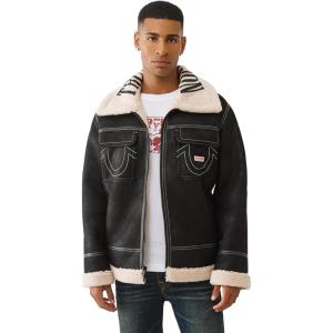 True Religion Sherpa PU Jacket for Men – Faux Leather Winter Jacket with Logo, Warm Streetwear Outerwear(Jet Black)