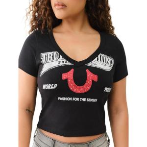 True Religion Women’s Distressed Crystal High Shine V-Neck Baby Tee – Casual T-Shirt(Jet Black)