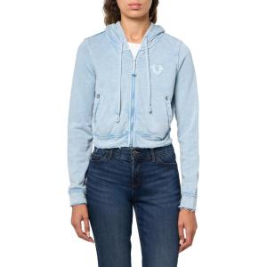 True Religion Women’s Washed Raw Edge Big T Shrunken Zip Hoodie | Zip-Up Sweatshirt with Big T Logo(Pacific Coast)