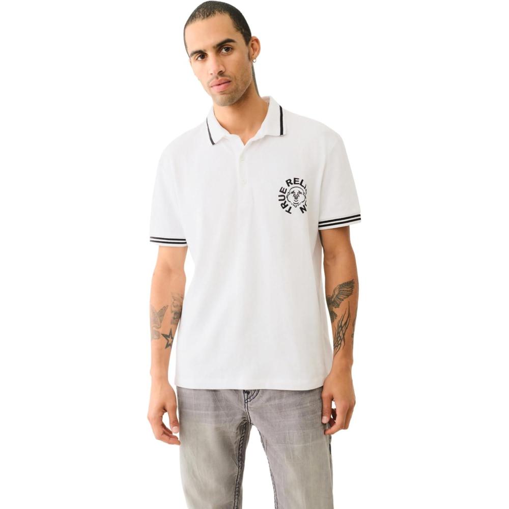 imageTrue Religion Mens SS Buddha Patch Polo  Short Sleeve Polo Shirt with Buddha LogoOptic White
