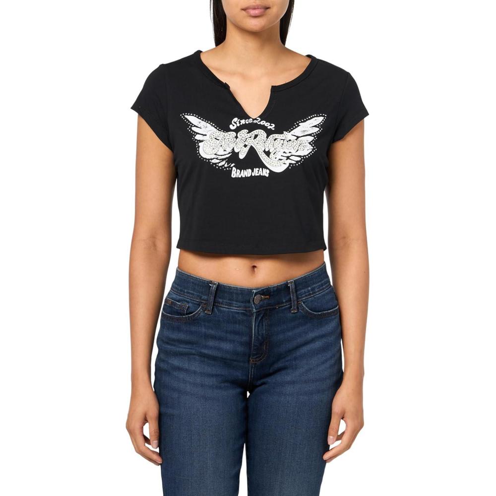 imageTrue Religion Womens Crystal Wing V Notch TeeJet Black