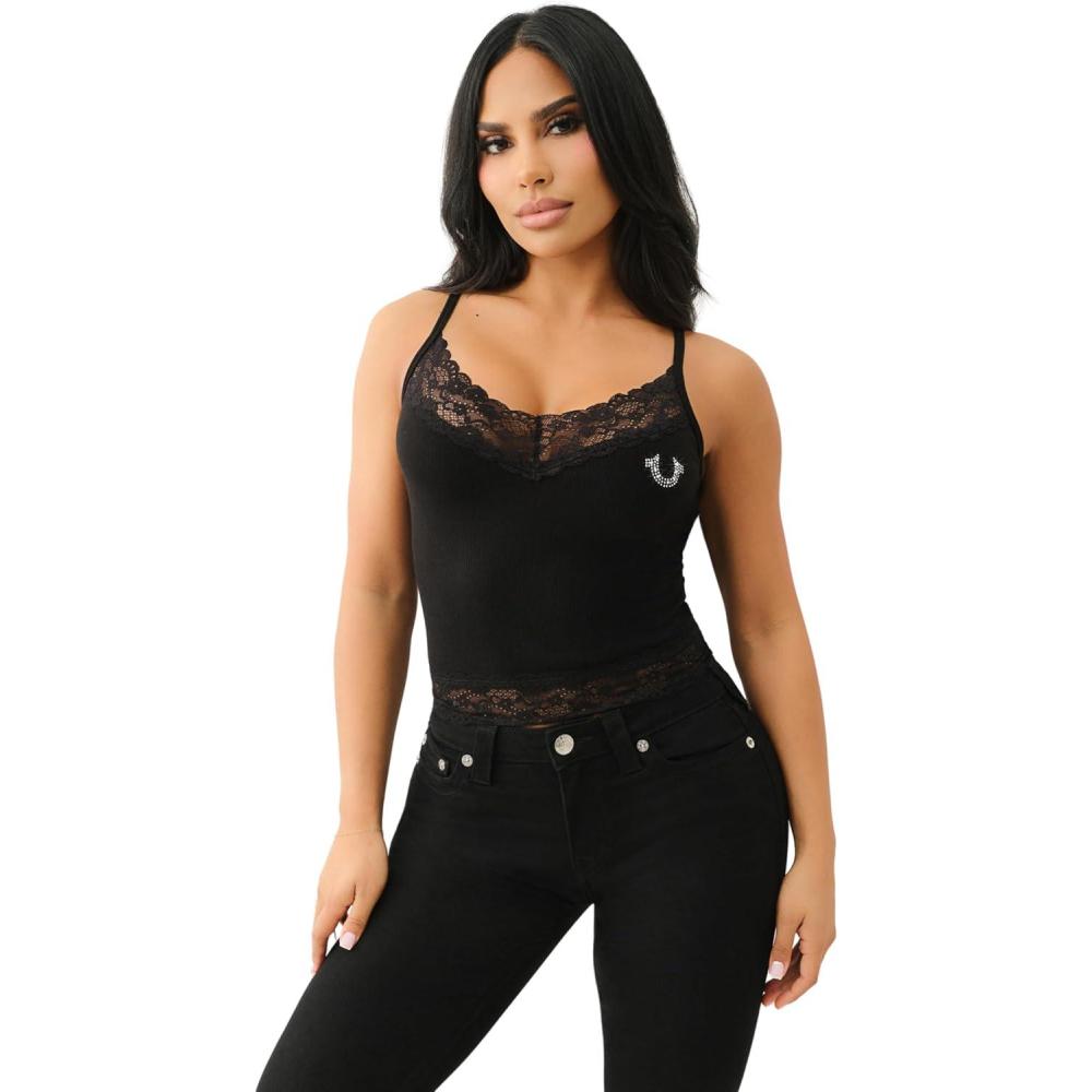 imageTrue Religion Womens Hs Crystal Embroidery Lace TankJet Black