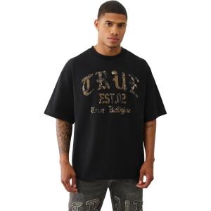 True Religion Men’s Forest Camo Oversized Tee – Short Sleeve Crewneck Graphic T-Shirt(Jet Black)