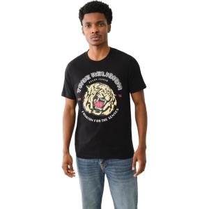 True Religion Men’s Tiger Face Bling Short Sleeve Tee – Casual Graphic Crew Neck T-Shirt-Jet Black(Jet Black)