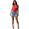 True Religion Women’s Jennie Mid-Rise Flap Short – California Poppy | Curvy Fit Denim Shorts with Button-Flap