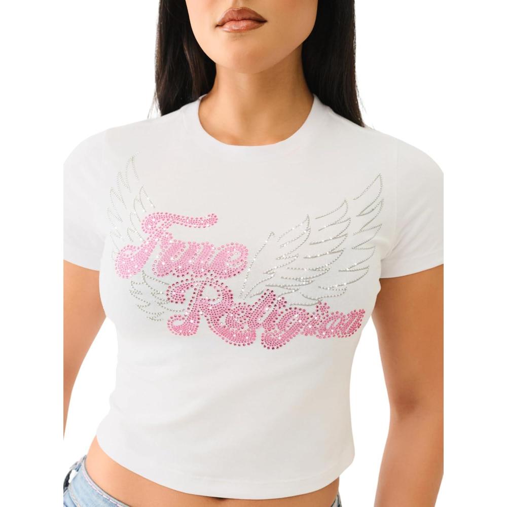 imageTrue Religion Womens Crystal Wing Short Sleeve Baby Tee  Embellished Crew Neck TShirt