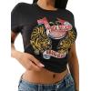 True Religion Women’s Crystal Tiger Short Sleeve Baby Tee – Crew Neck T-Shirt(Jet Black)