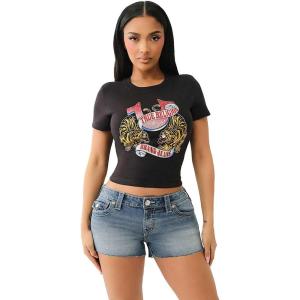 True Religion Women’s Crystal Tiger Short Sleeve Baby Tee – Crew Neck T-Shirt(Jet Black)