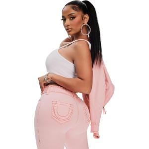 True Religion Women’s Raw Edge Big T Bootcut Pants | Distressed Denim with Contrast Stitching(Candy Pink)