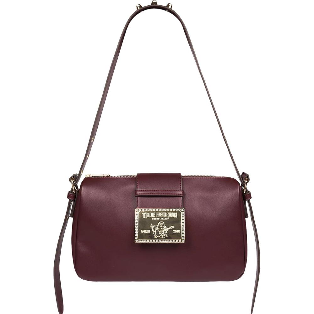 imageTrue Religion East West Crossbody Handbag Belt Buckle Accent Shoulder Purse with Adjustable Strap and Snap Zip Closure Gold Tone Logo Burgundy