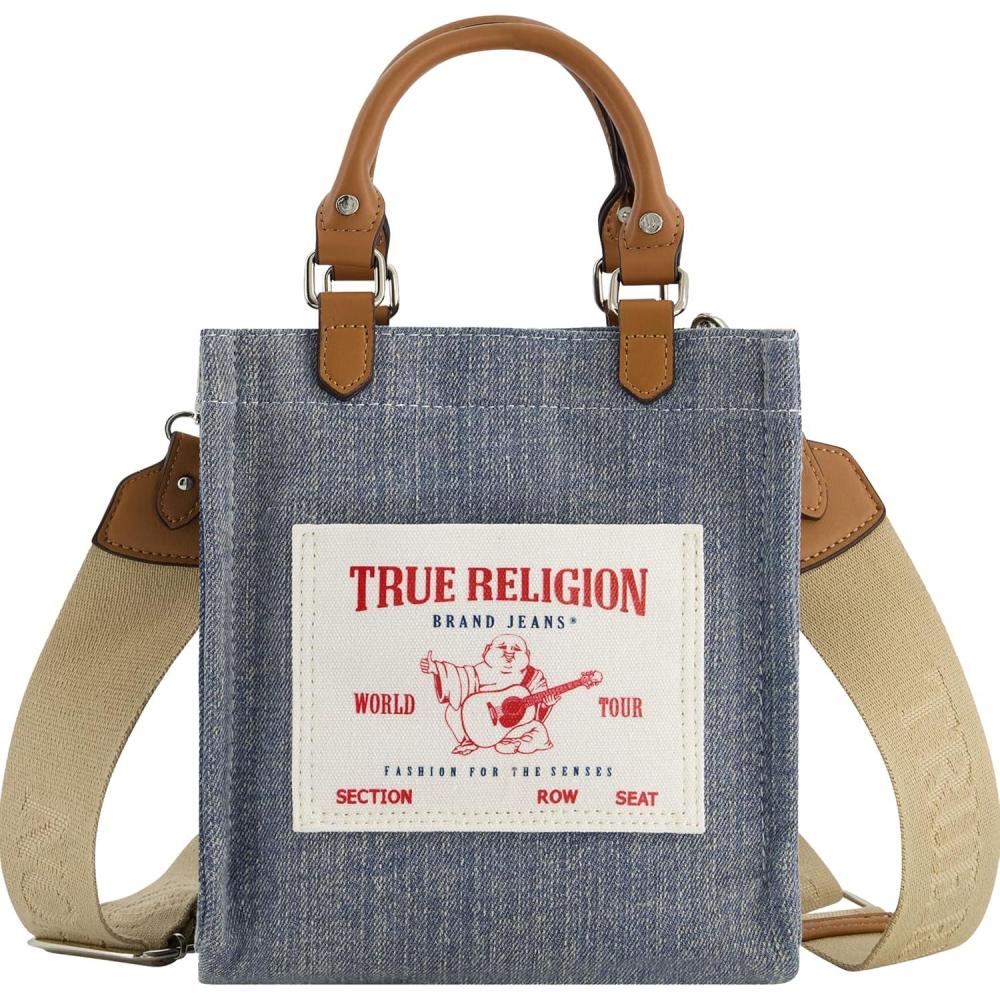 imageTrue Religion Womens Tote Bag Buddha Pocket Travel Shoulder Handbag with Adjustable Removable Crossbody StrapDark Denim