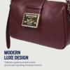 True Religion East West Crossbody Handbag, Belt Buckle Accent Shoulder Purse with Adjustable Strap and Snap Zip Closure, Gold Tone Logo, Burgundy