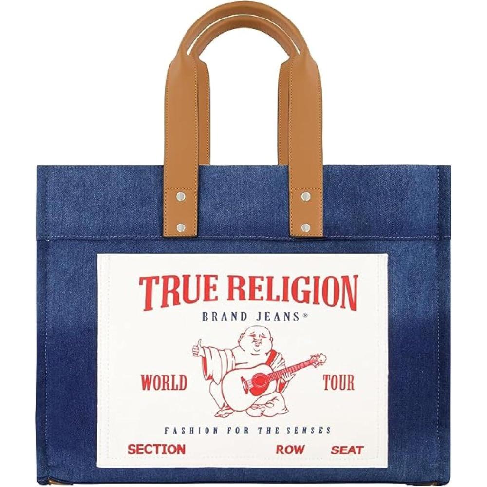 imageTrue Religion Large Tote Bag Canvas Travel Carryall Shoulder HandbagBlue