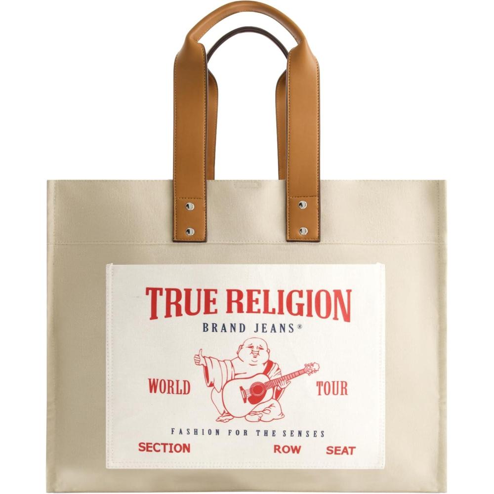imageTrue Religion Large Tote Bag Canvas Travel Carryall Shoulder HandbagNatural