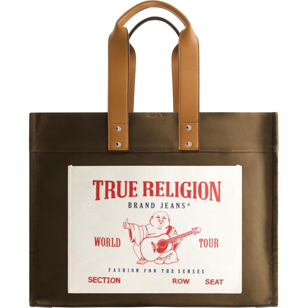 imageTrue Religion Large Tote Bag Canvas Travel Carryall Shoulder HandbagOlive