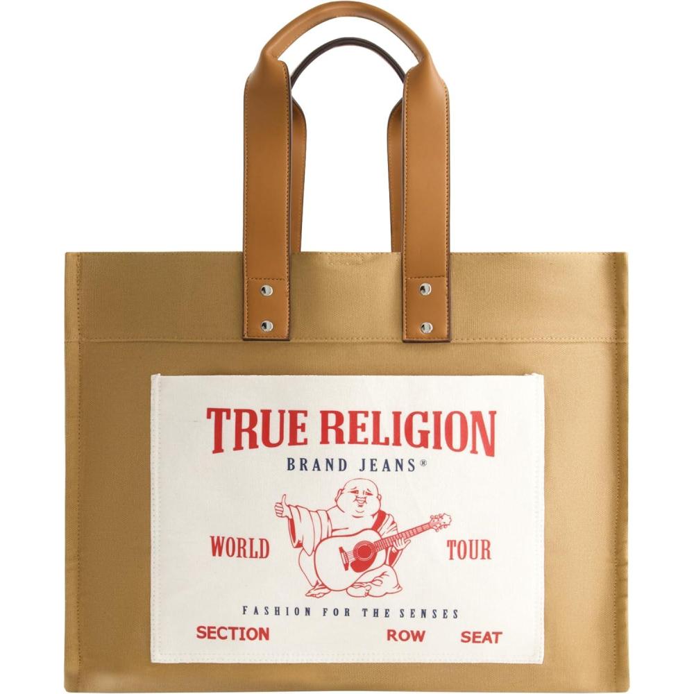 imageTrue Religion Large Tote Bag Canvas Travel Carryall Shoulder HandbagTan
