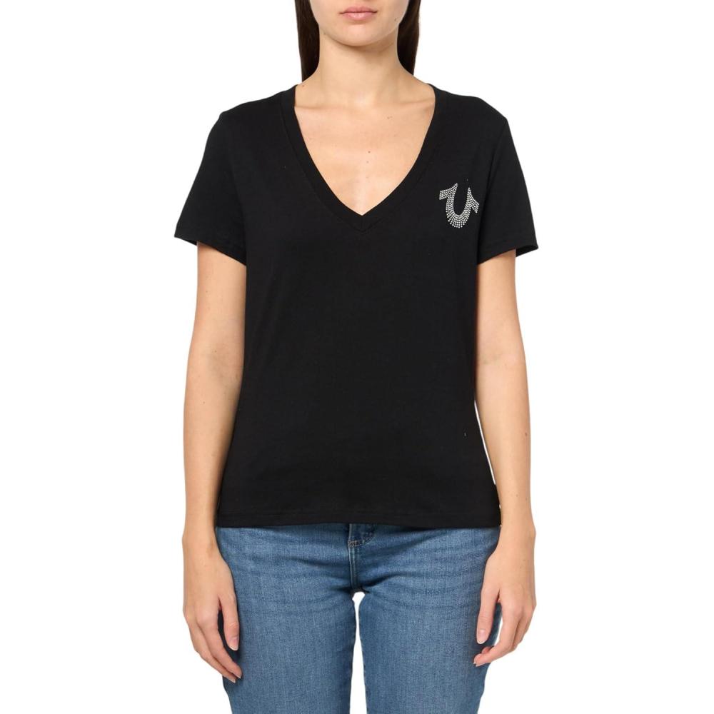 imageTrue Religion Womens Crystal High Shine VNeck Tee  Embellished Casual TShirtJet Black