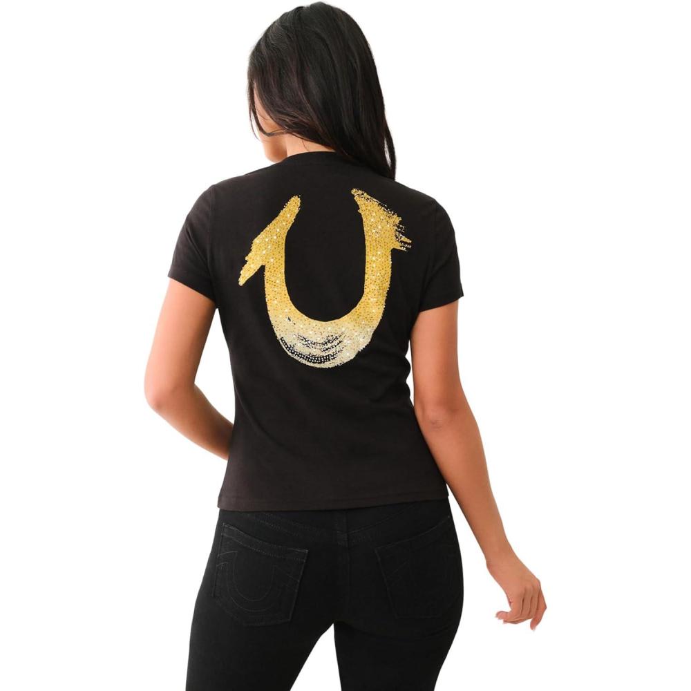 imageTrue Religion Womens Painted Hs Ombre Crystals V Neck TeeJet Black