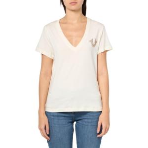 True Religion Women’s Crystal High Shine V-Neck Tee – Embellished Casual T-Shirt(Winter White)