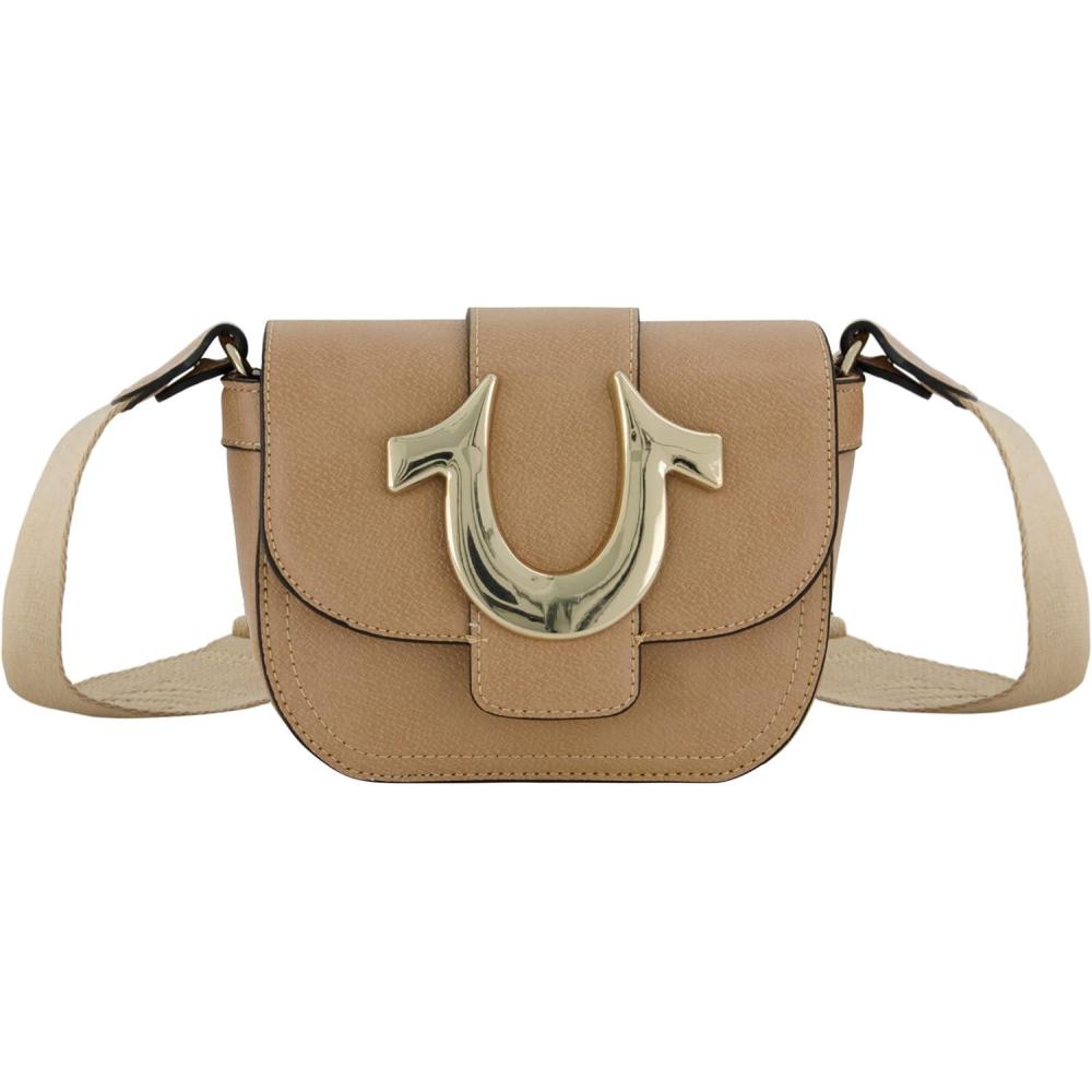 imageTrue Religion Womens Crossbody Bag Mini Flap Adjustable Shoulder Handbag with Horseshoe LogoTan