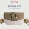 True Religion Saddle Bag, Women’s Denim and Faux Leather Crossbody Purse with Adjustable Shoulder Strap, Taupe, One Size