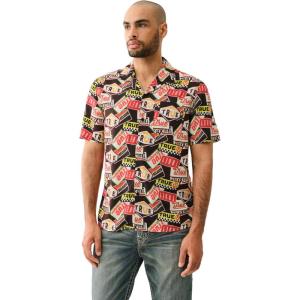 True Religion Men’s SS Camp Shirt All Over Print – Black/Yellow/White | Short Sleeve Rayon Viscose Button-Up(Blk Ylow Wht)