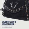 True Religion Studded Horseshoe Eyelet Denim Flap Bag, Crossbody Shoulder Handbag, Black