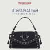True Religion Studded Horseshoe Eyelet Denim Flap Bag, Crossbody Shoulder Handbag, Black