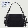 True Religion Studded Horseshoe Eyelet Denim Flap Bag, Crossbody Shoulder Handbag, Black