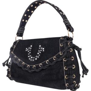 True Religion Studded Horseshoe Eyelet Denim Flap Bag, Crossbody Shoulder Handbag, Black