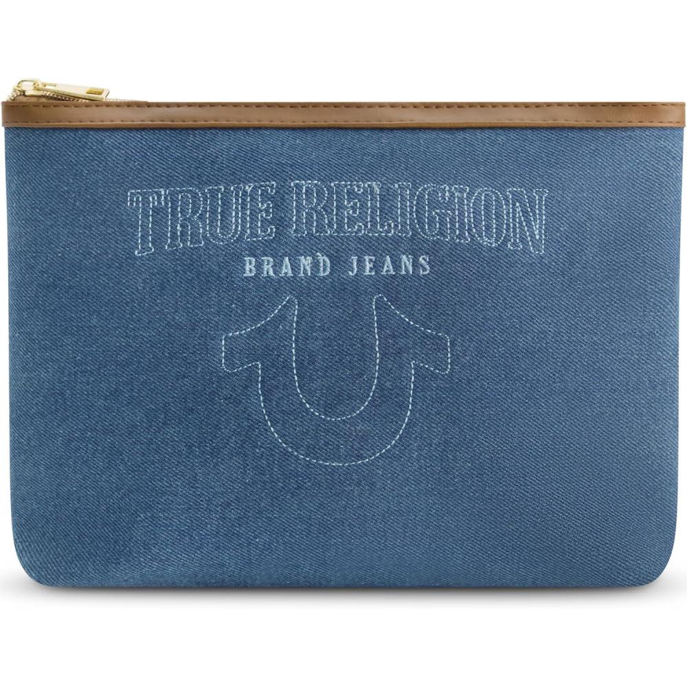 imageTrue Religion Womens Makeup Bag Small Travel Cosmetic Zipper Pouch OrganizerDenim W Gold Hardware