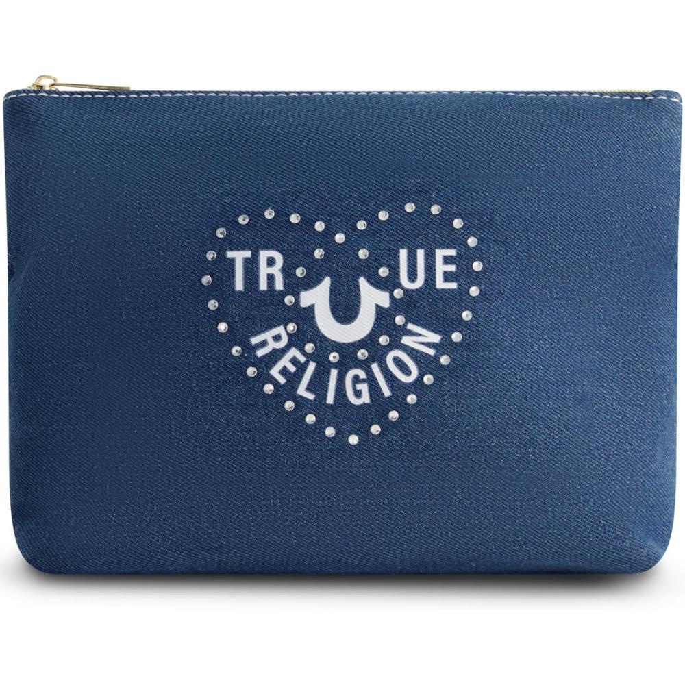 imageTrue Religion Womens Makeup Bag Small Travel Cosmetic Zipper Pouch OrganizerDenim W Heart Logo