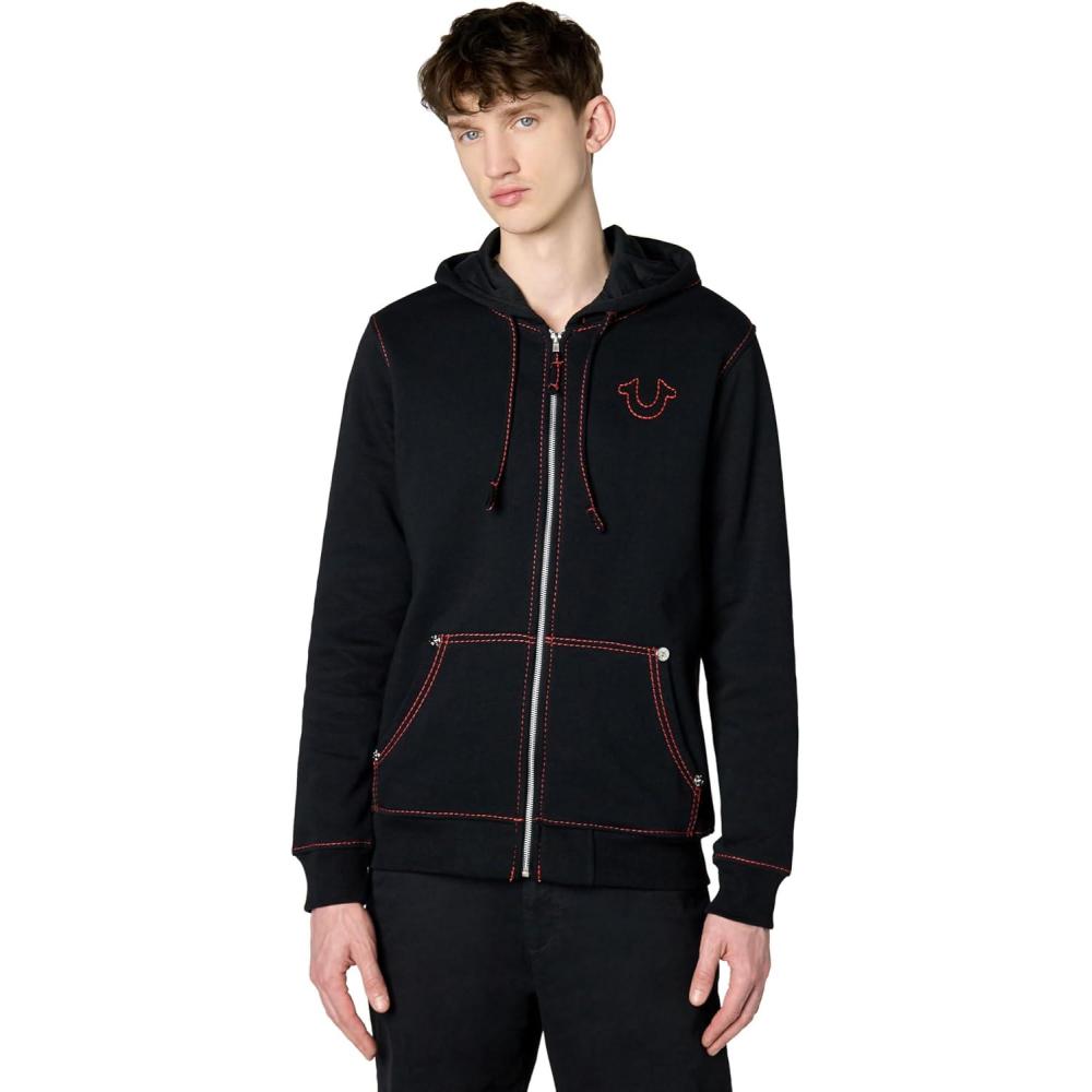 imageTrue Religion mens Big T Zip Up HoodieJet BlackFiery Red