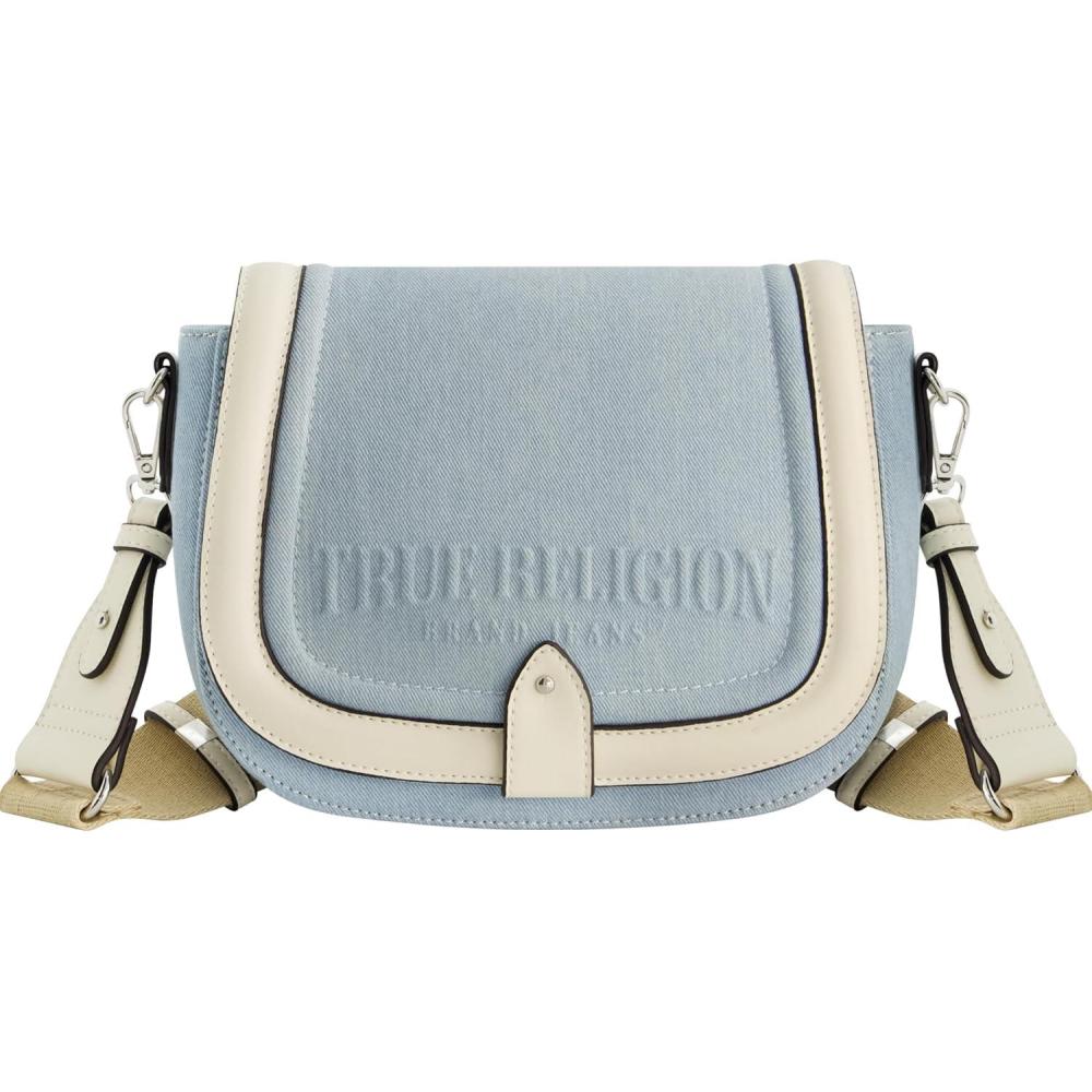 imageTrue Religion womens True Religion Saddle Bag Womens Denim and Faux Leather Crossbody Purse With Adjustable Shoulder StrapLight Blue