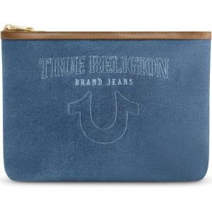 True Religion Women’s Makeup Bag, Small Travel Cosmetic Zipper Pouch Organizer(Denim W/ Gold Hardware)