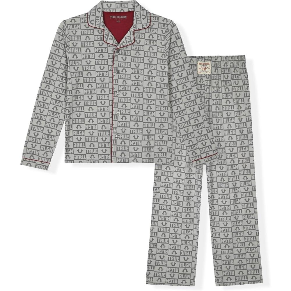 imageTrue Religion Boys 2 Piece Pajamas Set with Button Front Top amp Pajama Pants for Kids Sizes 414Gray