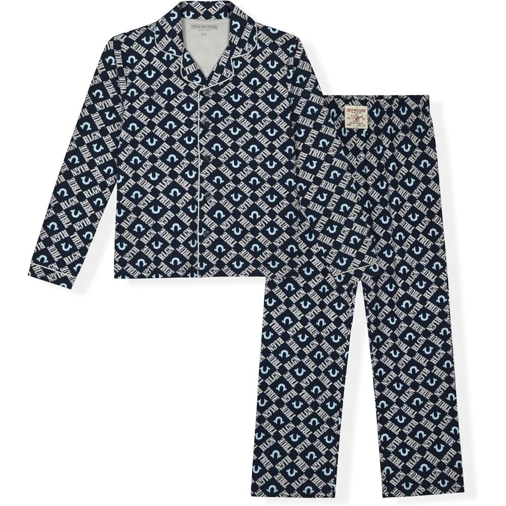 imageTrue Religion Boys 2 Piece Pajamas Set with Button Front Top amp Pajama Pants for Kids Sizes 414Navy Blue