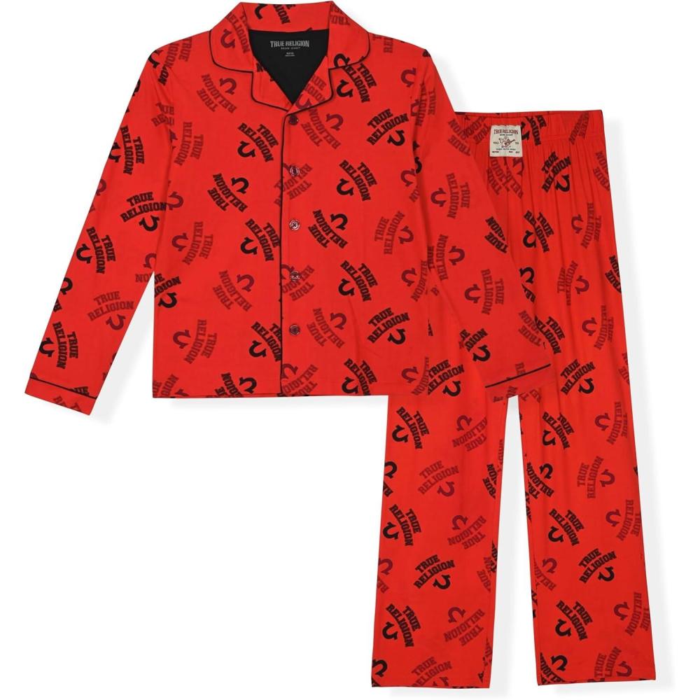 imageTrue Religion Boys 2 Piece Pajamas Set with Button Front Top amp Pajama Pants for Kids Sizes 414Red