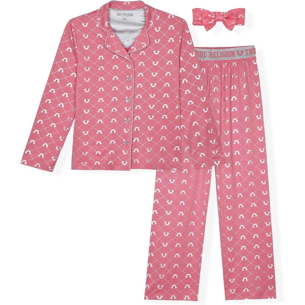 imageTrue Religion Girls Pajama Set 3Piece ButtonFront Top Sleep Pants and HeadbandCandy Pink
